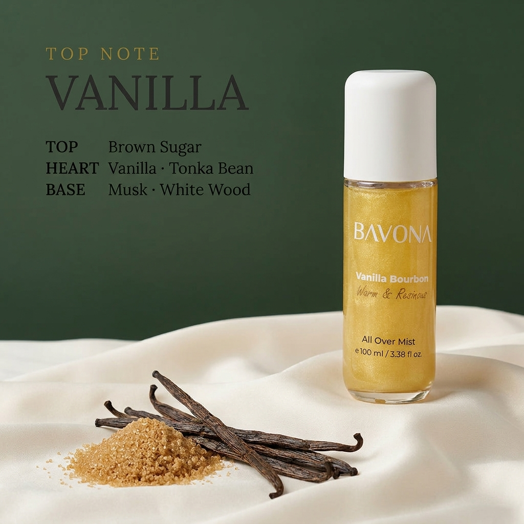 Bavona Vanilla Bourbon shimmer mist — Vanilla signature note